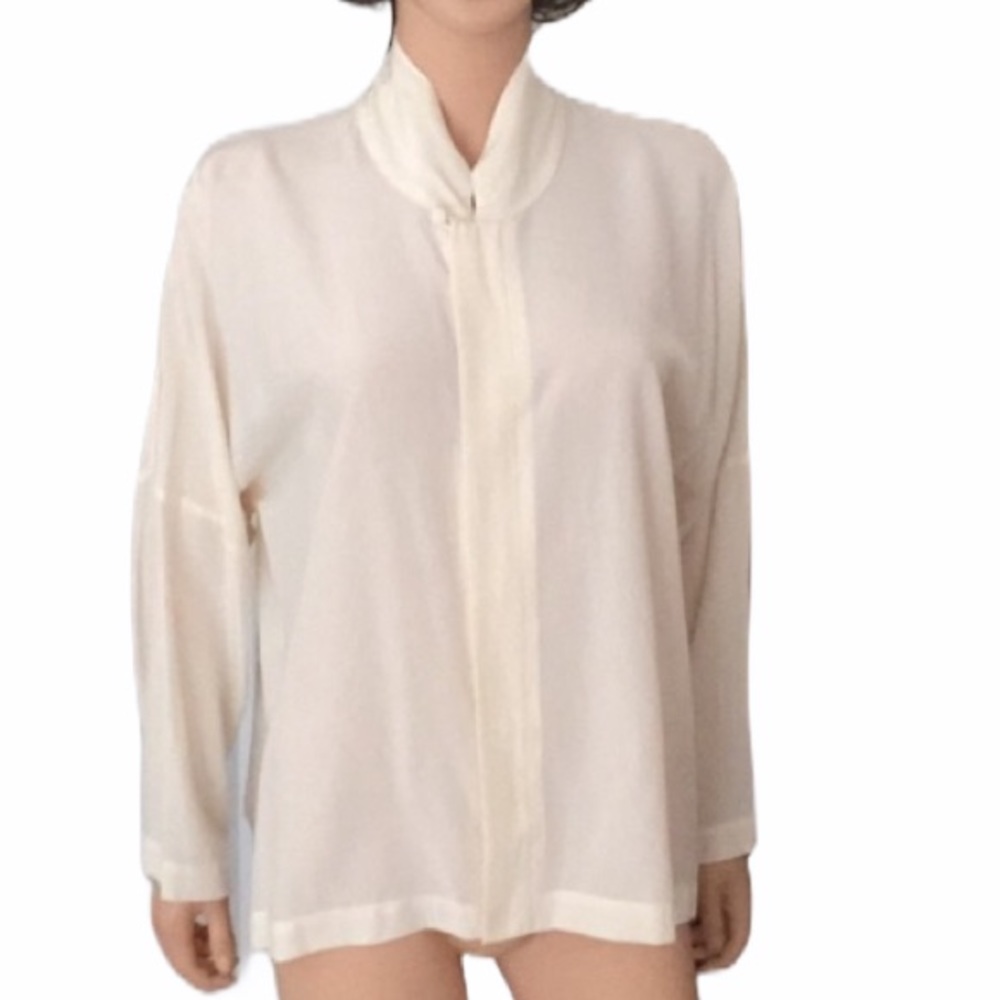 Nwot Eskandar Woman's Pure Silk Cream Blouse With A Mandarin Collar